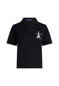 Svart polo tröja med klassisk krage, med en broderad design av Eiffeltornet i rosa på vänster bröstområde. Tillverkad av bomull.