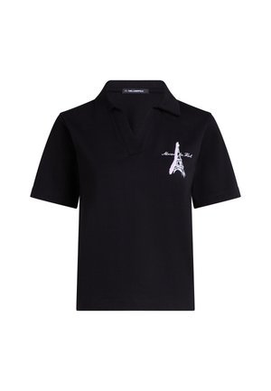 Camisa polo negra con cuello clásico, que presenta un diseño bordado de la Torre Eiffel en rosa en la parte izquierda del pecho. Material de algodón.
