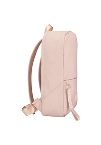 Light pink backpack made of durable fabric, featuring a rectangular shape, padded straps, and a zippered front pocket with a logo tag.