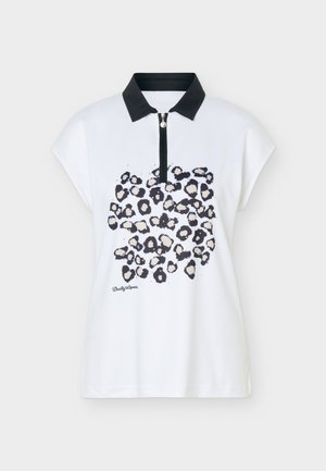 Biele polo tričko s krátkym rukávom, čiernym golierom, predným zipsom a čierno-bielym leopardím vzorom uprostred vpredu.
