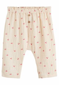 Lys beige bomuldsbukser med en krøllet tekstur, prydet med kirsebærprint og to træknapper foran. Elastisk talje med flæsedetaljer.