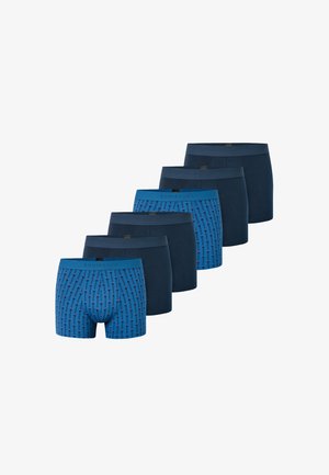 Blauwe katoenen boxershorts met een mix van effen en geprinte ontwerpen, voorzien van een elastische tailleband; inclusief gestileerde rode accenten en logo.