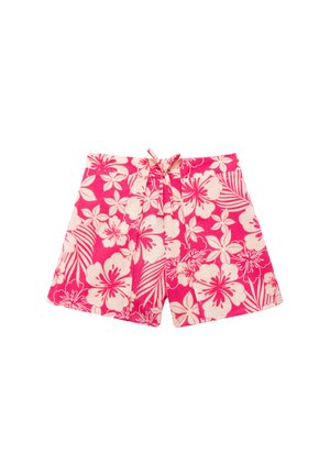 Roze en witte bloemenpatroon shorts met een voorste strik, platte tailleband en geplooid ontwerp op een witte achtergrond.