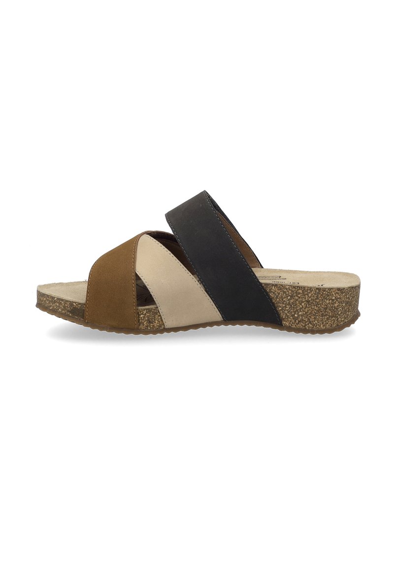 Brown, beige, and black leather slide sandal with cross-strap design and cork sole. Textured footbed and rubber outsole for grip.