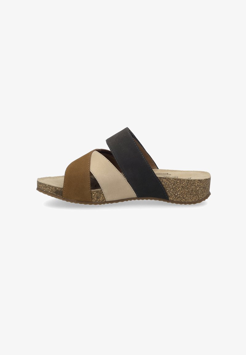 Brown, beige, and black leather slide sandal with cross-strap design and cork sole. Textured footbed and rubber outsole for grip.