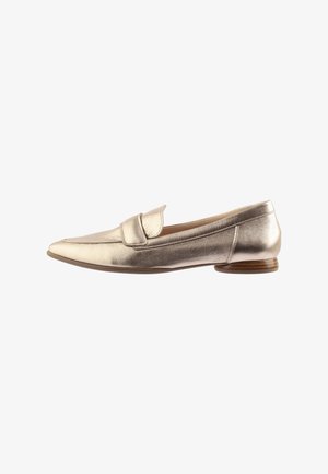 Metallic light gold loafer with a rounded toe, leather material, subtle stitching details, and a low wooden heel.