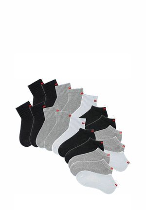 Set of 12 ankle socks in black, gray, and white. Cotton blend material with ribbed cuff and prominent red logo details.