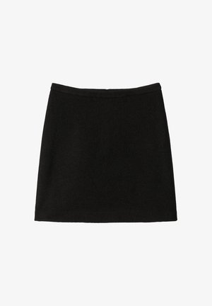Zwarte mini-jurk gemaakt van zachte stof, met een eenvoudig ontwerp met een rechte snit en een nette tailleband. Geen zichtbare patronen of versieringen.
