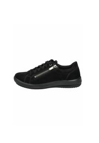 Black suede sneaker with a rounded toe, textured surface, lace-up front, and a silver zip accent on the side. Rubber sole for traction.
