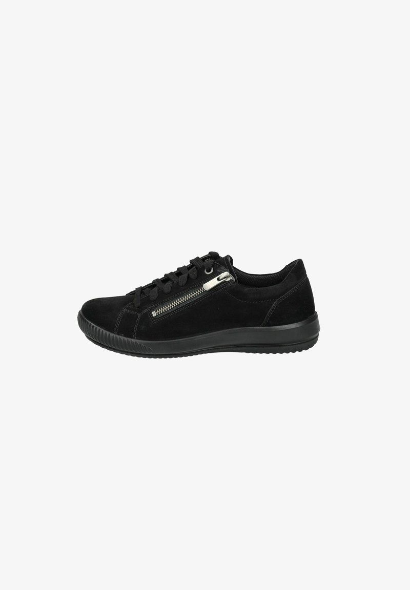 Black suede sneaker with a rounded toe, textured surface, lace-up front, and a silver zip accent on the side. Rubber sole for traction.