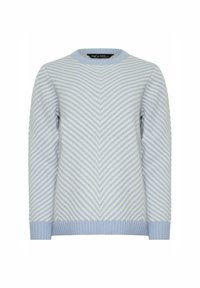 Jasnoniebieski sweter z wzorem w jodełkę w kolorze białym. Posiada okrągły dekolt oraz ściągacze na rękawach i u dołu. Miękka faktura materiału.