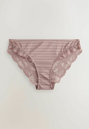 Chiloare cu dantelă în nuanță de mauve, cu un model în dungi, margini ondulate și o textură moale a materialului.