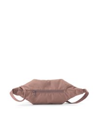 Weiche, mauvefarbene Stofftasche mit einem Reißverschlussfach, ovaler Form und verstellbaren seitlichen Trägern. Glatte Textur und minimalistisches Design.