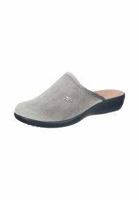 Gray suede slip-on shoe with a rounded toe, low black wedge sole, and a small metallic logo accent on the upper.