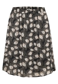 Jupe noire à motif de feuilles en beige et blanc. Fabriquée en tissu léger, avec une ceinture élastique et une coupe évasée.