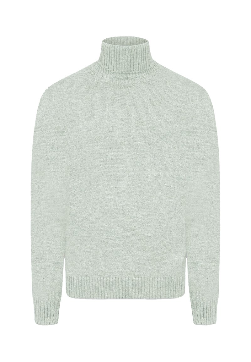 Hellgrüner, gestrickter Rollkragenpullover mit gerippten Bündchen und Kragen, der eine weiche Textur und eine lockere Passform aufweist.