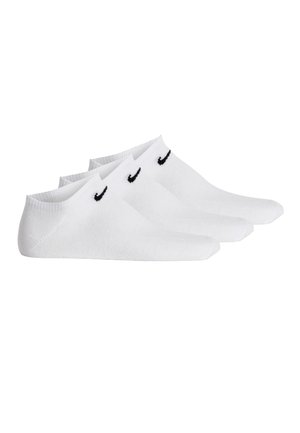 Three pairs of white low-cut socks with black Nike swoosh logos stacked side by side on a white background.