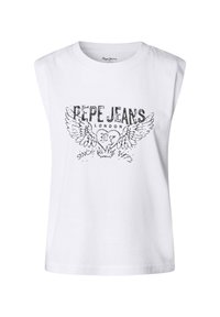 T-shirt senza maniche in cotone bianco con una stampa grafica nera di "Pepe Jeans London" con ali e un design a forma di cuore. Texture liscia.