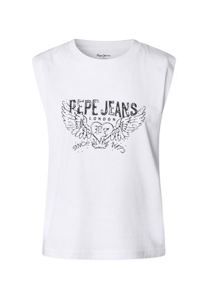 Valge puuvillane ilma varrukateta t-särk, millel on must grafikaprint tekstiga "Pepe Jeans London" koos tiibade ja südamekujundusega. Sile tekstuur.
