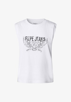 Witte katoenen mouwloze t-shirt met een zwart grafisch ontwerp van "Pepe Jeans London" met vleugels en een hartontwerp. Soepele textuur.