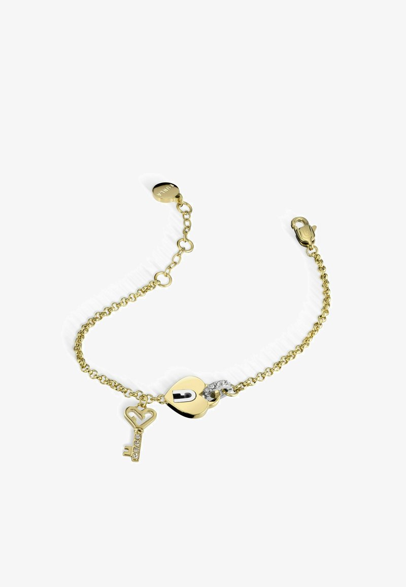 Zelta ķēdes aproce ar sirds formas slēdzeni, atslēgas piekariņu un kristālisku akcentu. Aizdare ar gludu pabeigšanu.