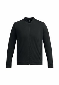 Schwarze Bomberjacke mit Reißverschluss, langen Ärmeln und seitlichen Taschen. Hergestellt aus glattem, flexiblem Material mit einem minimalistischen Design.