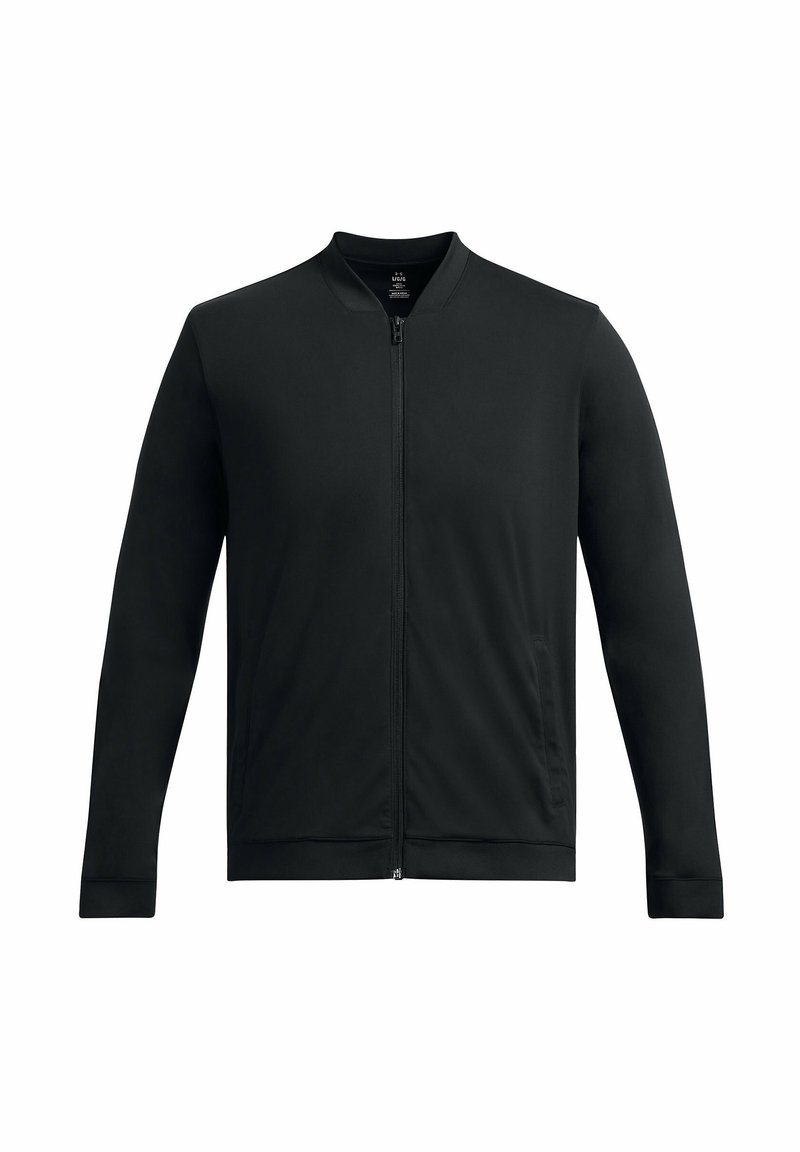 Veste bomber noire avec fermeture éclair, manches longues et poches latérales. Fabriquée en matériau lisse et flexible avec un design minimaliste.