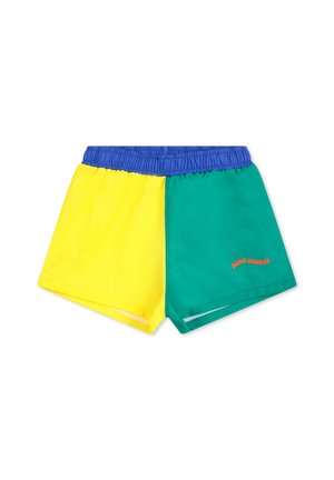 Costumini da bagno a blocchi di colore con una cintura elastica blu, caratterizzati da giallo su un lato e verde sull'altro, con dettagli del logo arancioni.