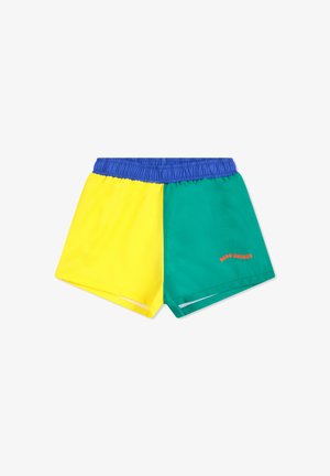 Costumini da bagno a blocchi di colore con una cintura elastica blu, caratterizzati da giallo su un lato e verde sull'altro, con dettagli del logo arancioni.