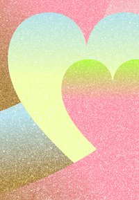 Farbenfrohe abstrakte Illustration mit überlappenden Herzen in Pastelltönen, einschließlich Schattierungen von Rosa, Grün, Gelb und Blau mit einem strukturierten Effekt.