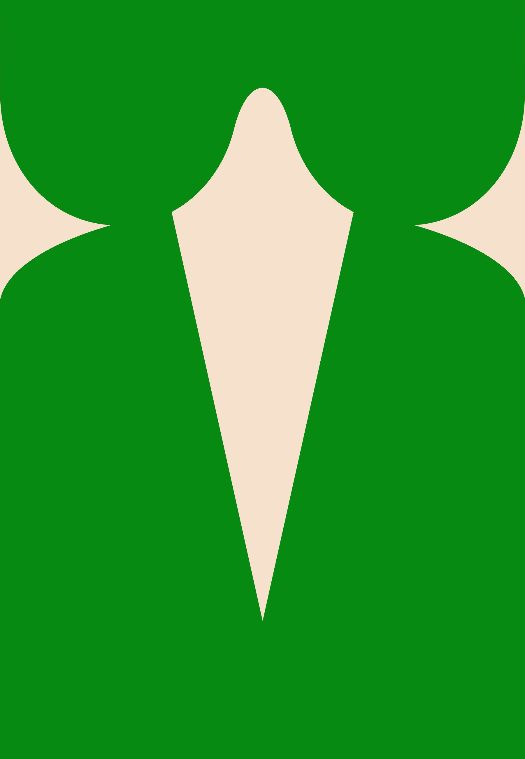 Grünes und beiges abstraktes Design mit einer symmetrischen Form mit abgerundeten Ecken, einer dreieckigen Lücke in der Mitte und glatten Texturen.