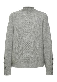 Pull gris avec un col haut, un design à mailles texturées en câble et des boutons sur les manches. Matière tricot douce avec une coupe décontractée.
