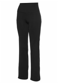 Schwarze Yogahosen mit hoher Taille, aus dehnbarem Stoff gefertigt. Sie verfügen über eine glatte Textur und eine ausgestellte Silhouette.