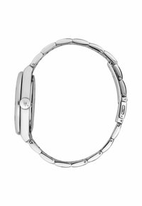 Herrarnas silverfärgade armbandsur med rektangulär klockkåpa, länkad metallarmband, framträdande krondetalj och polerad yta.