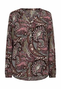 Blouse à manches longues en tissu léger arborant un motif cachemire rose et noir avec des accents floraux et un décolleté en V.