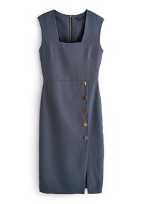 Robe bleu marine avec un décolleté carré, des manches courtes et une fente à l'avant. Elle comporte cinq boutons métalliques dorés le long du côté. Texture lisse.