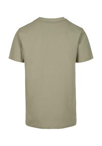 Lys olivengrøn kortærmet t-shirt, blødt bomuldsstof, rund halsudskæring, ensartet design uden synlige logoer eller mønstre på bagsiden.