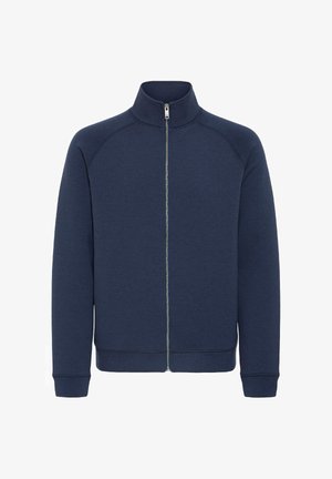 Sudadera navy con cremallera y alto cuello, mangas raglán, puños y dobladillo acanalados. Fabricada en una suave tela texturizada. Detalle de cremallera en la parte frontal.