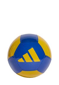 Pallone da pallavolo Adidas, rotondo, realizzato in materiale sintetico, presenta una combinazione di colori blu e giallo con tre strisce diagonali come dettaglio del logo.
