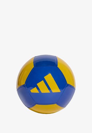 Piłka do siatkówki Adidas, okrągła, wykonana z materiału syntetycznego, wyróżnia się niebiesko-żółtą kolorystyką oraz trzema przekątnymi paskami jako detal logo.