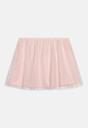 Helle rosa Halbschürze aus Tüll, mit einem gerafften Taillenbund und metallischen Glitzerelementen, in einem geschichteten, ausladenden Design.