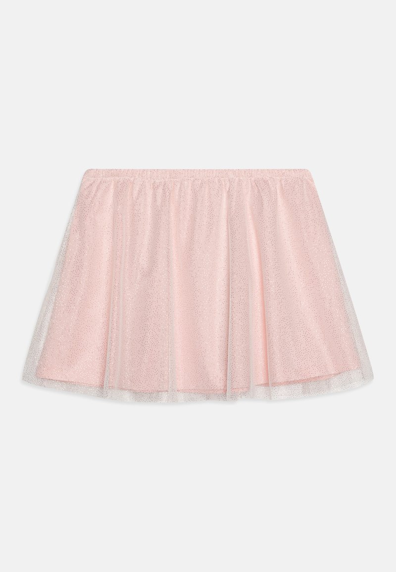 Jupe mi-longue rose pâle en tulle, avec une taille froncée et des accents de paillettes métalliques, présentant un design en couches et évasé.