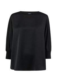 Czarna bluzka z długim rękawem wykonana z gładkiej tkaniny, z okrągłym dekoltem i marszczonymi bufkami, o prostym kroju i subtelnym połysku.