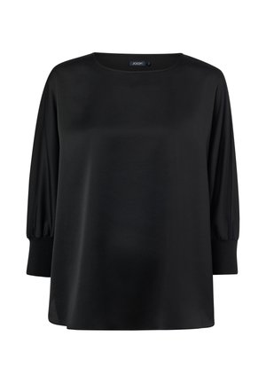 Schwarzes langärmliges Oberteil aus glattem Stoff mit rundem Ausschnitt und gerafften Puffärmeln, mit geradem Schnitt und dezentem Glanz.