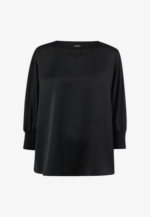 Schwarzes langärmliges Oberteil aus glattem Stoff mit rundem Ausschnitt und gerafften Puffärmeln, mit geradem Schnitt und dezentem Glanz.