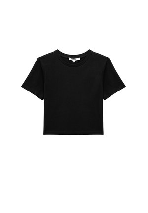 Svart kort t-shirt i mjuk bomull, med rund halsringning och korta ärmar, utan synliga mönster eller detaljer.