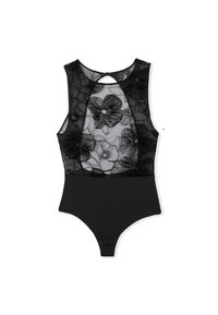 Zwarte body met een mesh bloemendessin aan de voorkant en een effen zwarte onderkant. De achterkant heeft een sleutelgatopening.