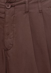 Brown, lightweight fabric trousers with a button closure, pleated front, and two side pockets. Smooth texture with a classic design.