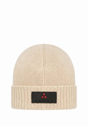Cappellino beige a coste con risvolto, caratterizzato da una toppa rettangolare nera con puntini rossi e la parola "Peuterey."