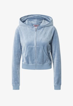 Jasnoniebieska welurowa bluza na suwak z przednimi kieszeniami i ściągaczami, z małym haftowanym logo na piersi.